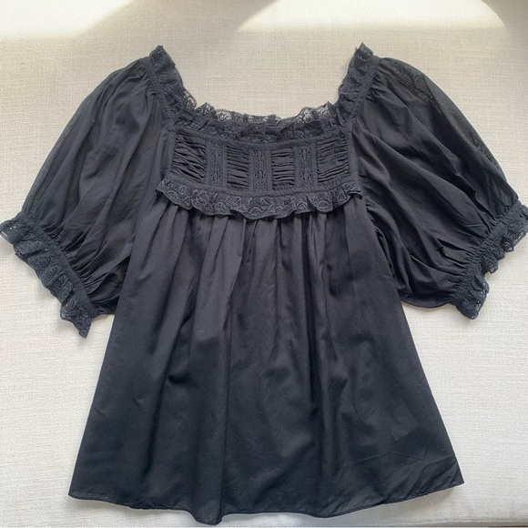 Doen Frances Cotton Voile Ruffle Lace Short Puff Sleeve Blouse Top Black - Picture 5 of 10